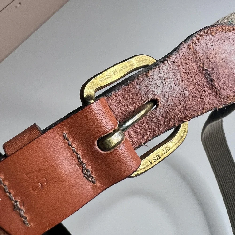 Leather Man Ltd Leather Belt Mens 34 Blue Fish Embroidered Webbed Brass Buckle